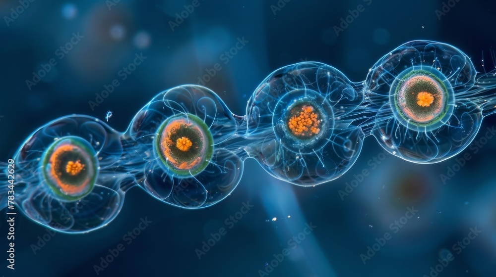 Poster the life cycle of a ciliate protozoa captured in stages of binary fission as it s and multiplies.