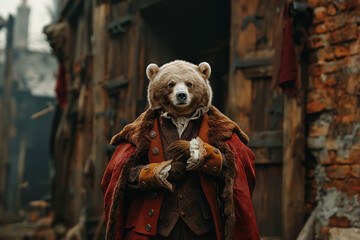 Bear dressed up in 18th century aristocratic clothes, standing on a town street