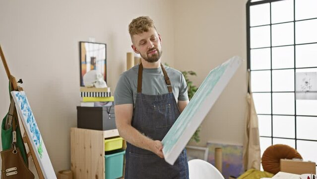 Handsome young man with beard examining artwork in a bright creative studio.