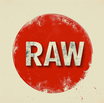 Bold 'RAW' Text on Distressed Red Background - Grunge Style Typography, Photography termanology,