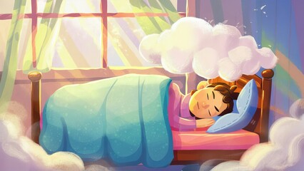 Obraz na płótnie Canvas Child Sleeping Peacefully with Dreamy Clouds in Sunny Room