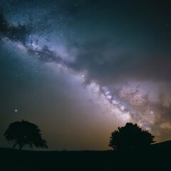 Starry Night Sky with Milky Way over Solitary Tree, Clean Air