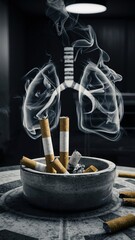 Cigarettes in Ashtray with Smoke Forming Smokey lungs Conceptual Imagery, Healthy message, smoking dangers, Breathing