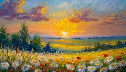 Fototapeta na wymiar Sunset on a field of flowers, oil colours