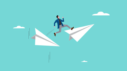 move to new opportunity, smart businessman jumps from a broken plane paper to a new one concept vector illustration