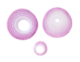 Top view set of red or purple onion rings or slices isolated with clipping path in png file format