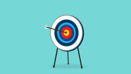 business target achievement, target with arrow, dartboard standing on a tripod with arrows sticking straight into the target vector illustration with flat design style