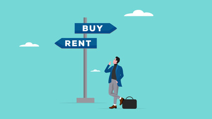 house buy or rent, confused businessman making decision to buy or rent a house concept vector illustration