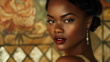 A closeup of a graceful black woman showcases her alluring beauty enhanced by the opulent colors and intricate details of an Art Deco backdrop. The radiance of her eyes and the slight .
