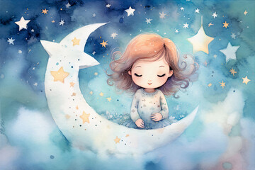Cute watercolor baby little girl in the night moon star Illustration