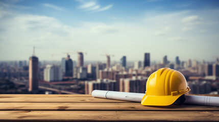 Construction Hard Hat and Blueprints on a Wooden Surface Overlooking the City