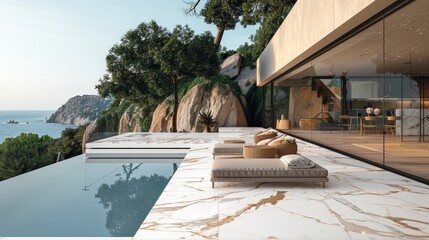 contemporary patio pool home, Made of polished marble 