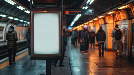Fototapeta premium a train station concourse, teeming with hurried commuters rushing to their destinations, while a pristine signboard mockup stands ready to capture their gaze with eye-catching promotions