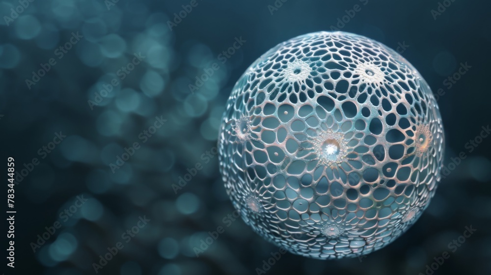 Poster a spherical radiolarian with a delicate intricately patterned exoskeleton gliding through the depths