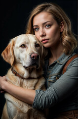 Girl with poor eyesight hugs her guide dog. Labrador and a beautiful young woman.