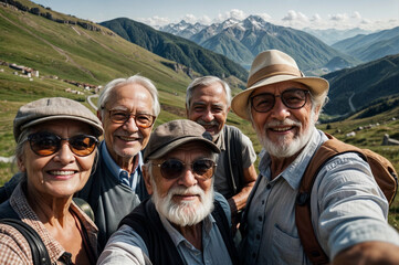 Group of active elderly people travel and take selfies, smiling happily at the camera. Hiking in the mountains. - obrazy, fototapety, plakaty