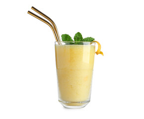 Glass of tasty melon smoothie with mint on white background