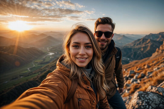 Photo selfies of a young woman and a man who are traveling in the mountains and smiling happily. Sunset in the mountains.