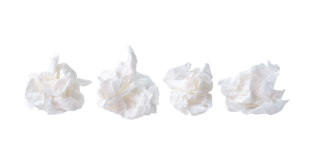 Front view set of screwed or crumpled tissue paper or toilet paper balls after use in toilet or restroom isolated with clipping path in png file format