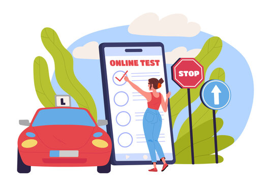 A woman taking an online driving test on a giant smartphone with road signs and a car, vector illustration on a light background, concept of e-learning. Flat vector illustration