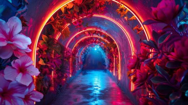 Floral decorative tunnel with neon lighting.