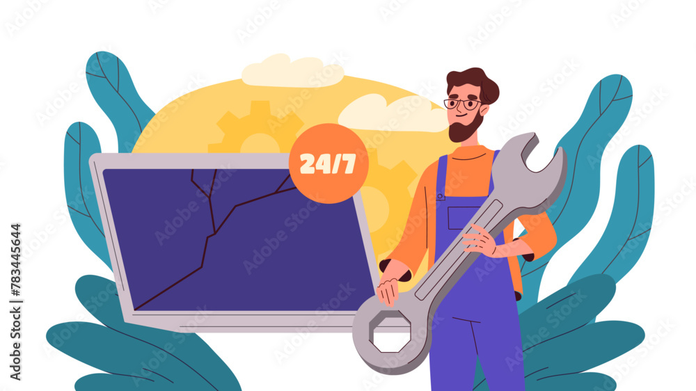 Poster a vector illustration showing a technician with a large wrench and a broken computer, representing a