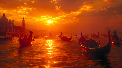 Venetian masks and costumes draped over ancient Venetian gondolas, their silhouettes etched against the backdrop of a fiery sunset, creating a scene of timeless beauty and romance