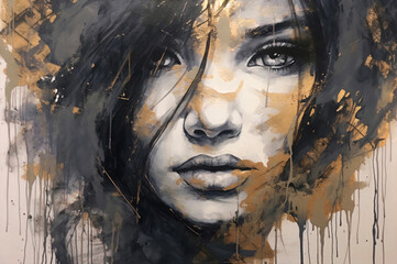 Wallpaper Abstract drawing of a portrait of a girl's face in black ink with gray and gold in a vintage and harmonious color style