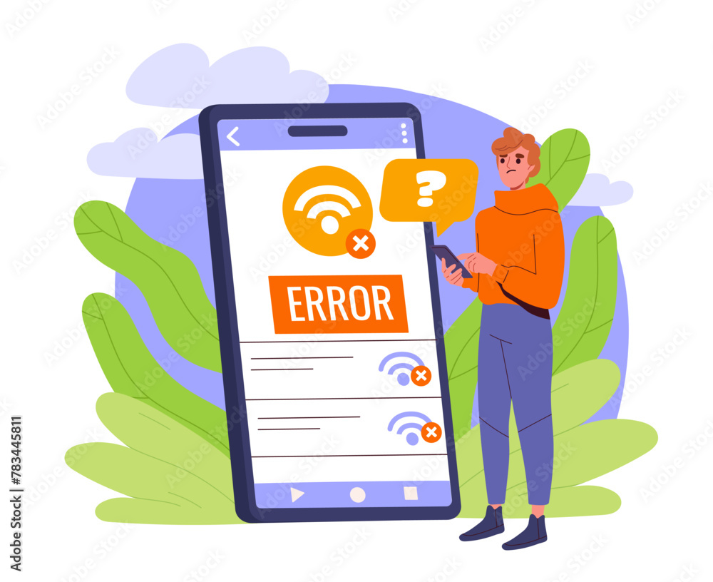 Poster a person perplexed by an error message on a huge smartphone screen, vector illustration on a natural