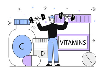 Man with vitamins vector linear - obrazy, fototapety, plakaty