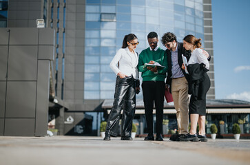 Diverse business associates engage in a discussion about market strategies and profit growth while standing outside a modern office building.