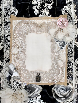 junk journal or scrapbooking paper background - layers of lace with flowers and pearls