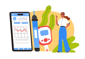 A woman standing next to a giant smartphone and a blood glucose meter, vector illustration on a light background, concept of diabetes management. Vector illustration - obrazy, fototapety, plakaty
