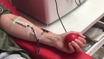 The blood plasma donor squeezes the red ball in hand.