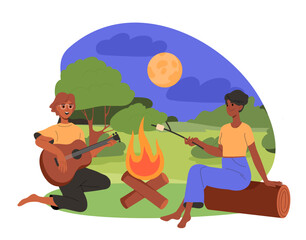 Two people enjoying a campfire in a natural setting, one playing guitar, the other roasting a marshmallow, in a flat graphic style on a day-to-night background. Flat cartoon vector illustration