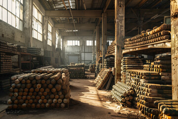 Military munition stacks in a dusty warehouse interior - obrazy, fototapety, plakaty