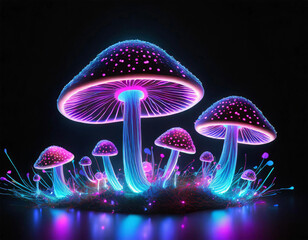 3d glow, bright mushrooms neon color, purple pink on a black background. - 783446653