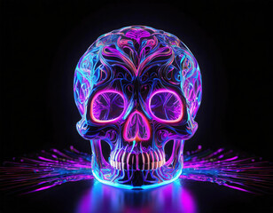 3d glow, bright skull neon color fluid, purple pink blue on a black background. - 783446683
