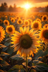 Obraz premium a close-up of a sunflower field at sunset.