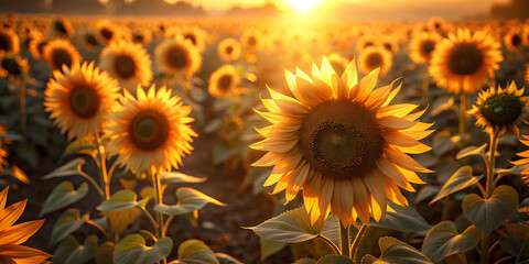 a close-up of a sunflower field at sunset.