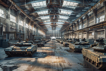 Vast warehouse filled with rows of military tanks