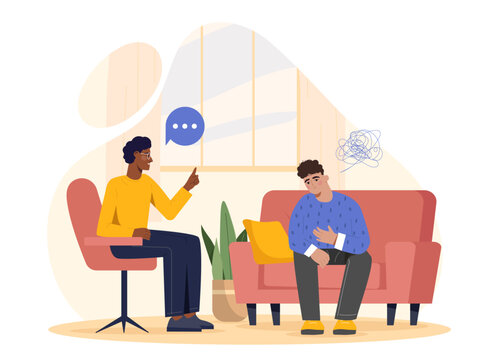 Two characters in a therapy session, flat vector illustration, indoor setting, depicting mental health support. Vector illustration