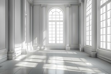Serenity in White: Light and Shadows Dance in Minimalist Elegance. Concept Minimalist Interiors, Monochrome Decor, Natural Light Photography, Interior Design Trends, Serene Aesthetics