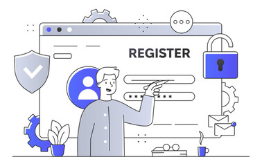 Illustrated webpage registration concept with character pointing to password field, flat graphic style on white background, highlighting online security. Line art style Vector illustration