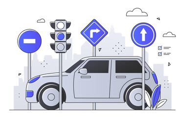 Car at a crossroad with traffic lights and directional signs, in a line art style, against a cityscape background, concept of urban traffic guidance. Flat vector illustration
