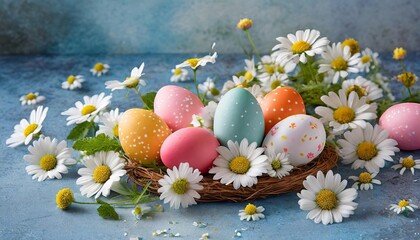 Obraz na płótnie Canvas easter eggs in a nest with flowers