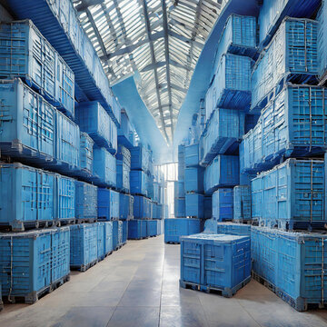 푸른색 컨테이너로만 이루어진 웅장한 창고 시설