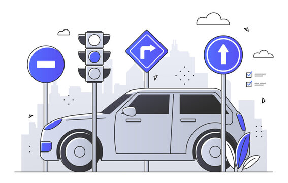 Fototapeta Car at a crossroad with traffic lights and directional signs, in a line art style, against a cityscape background, concept of urban traffic guidance. Flat vector illustration
