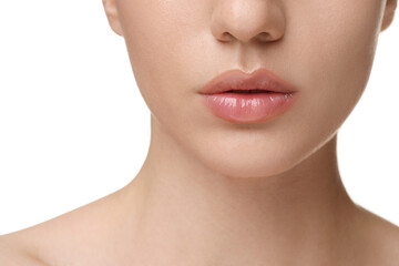Woman wearing beautiful lip gloss on white background, closeup - obrazy, fototapety, plakaty