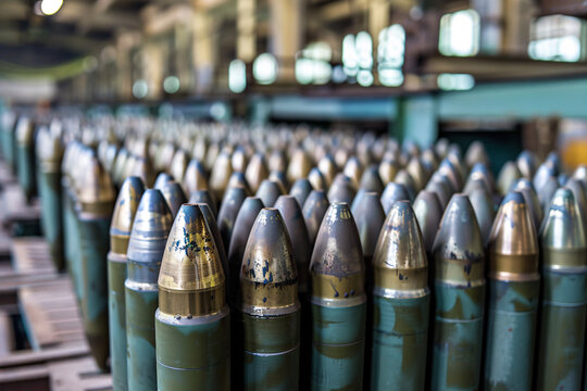 Artillery shells stacked neatly in a military storage facility